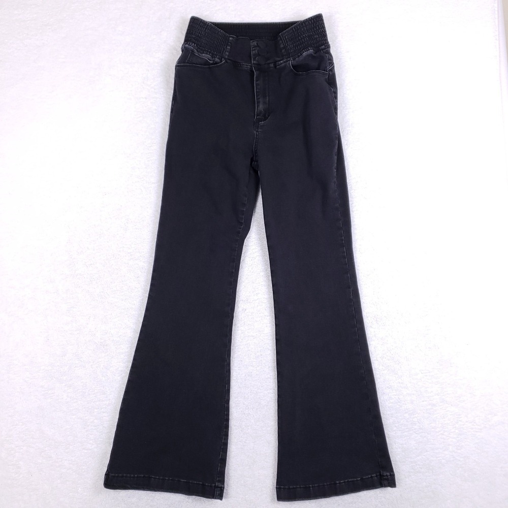 CHICME High Waisted Flare Jean M Black Smocked Waist Triple Button Stretch Retro